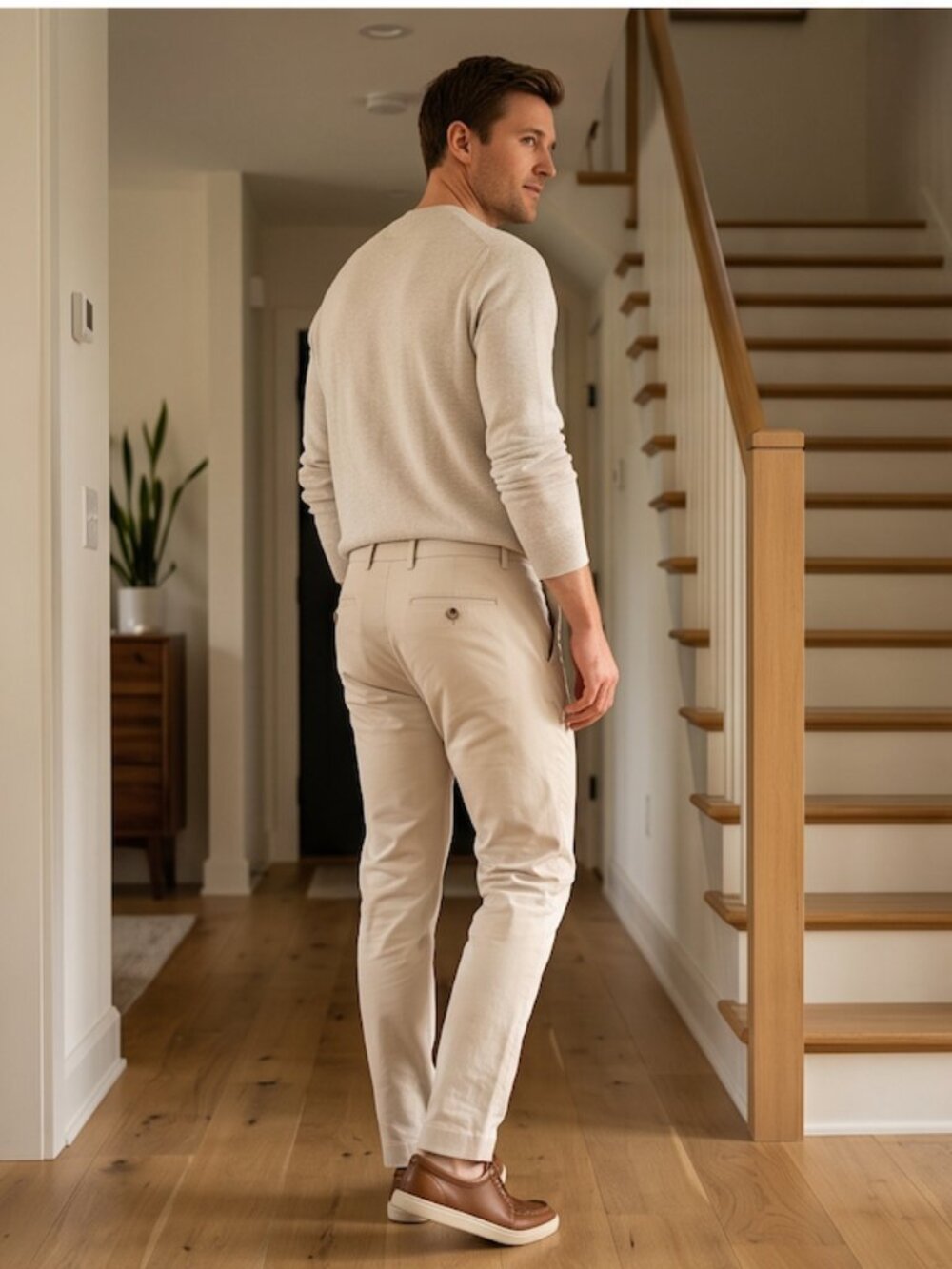 CLUB MONACO Men's Slim Fit Chino Pants | Beige Stone Stretch Cotton Trousers - Picture 3 of 6